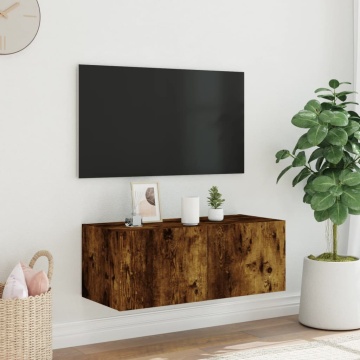 Comodă TV de perete cu lumini LED, stejar fumuriu, 80x35x31 cm - Img 4