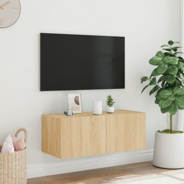 Comodă TV de perete cu lumini LED, stejar sonoma, 80x35x31 cm - Img 4