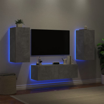 Comode TV de perete cu lumini LED, 3 piese, gri beton - Img 4