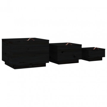 Cutii de depozitare cu capace 3 buc. negru lemn masiv de pin - Img 8