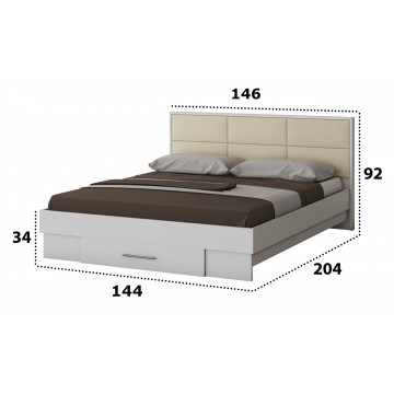 Dormitor Solano, alb, dulap 150 cm, pat cu tablie tapitata crem 140x200 cm, 2 noptiere, comoda - Img 5