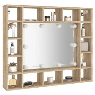 Dulap cu oglindă și LED, stejar sonoma, 91x15x76,5 cm - Img 5