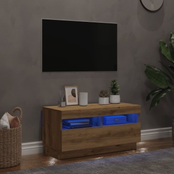 Dulap TV lumini LED stejar artizanal 80x35x40 cm lemn prelucrat - Img 4