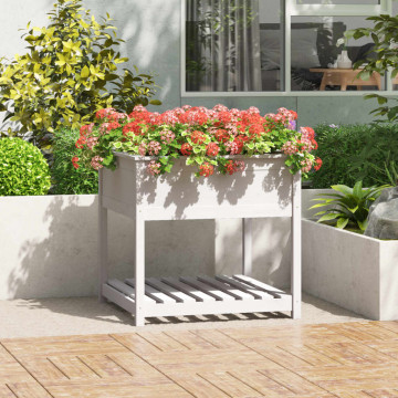 Jardinieră cu raft, alb, 82,5x82,5x81 cm, lemn masiv de pin - Img 1
