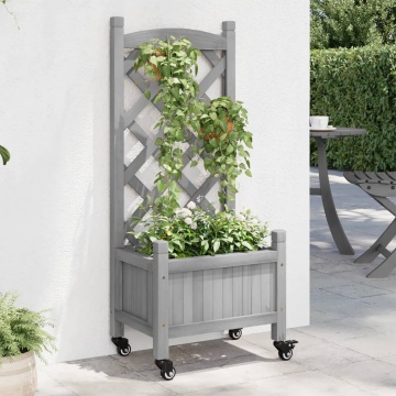 Jardinieră cu spalier și roți, gri, lemn masiv de brad - Img 1