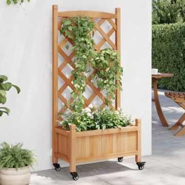 Jardinieră cu spalier și roți, maro, lemn masiv de brad - Img 1