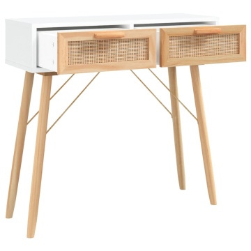 Masă consolă alb 80x30x75 cm lemn masiv pin și ratan natural - Img 3