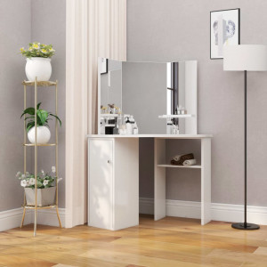 Masă de toaletă colțar, masă pentru machiaj și cosmetice, alb - Img 1