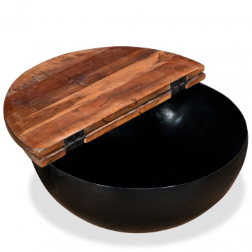 Măsuță de cafea, negru, lemn masiv reciclat, formă bol - Img 3