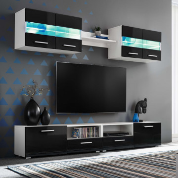 Mobilier sufragerie, spațiu TV 5 piese, lumini LED Negru lucios - Img 1