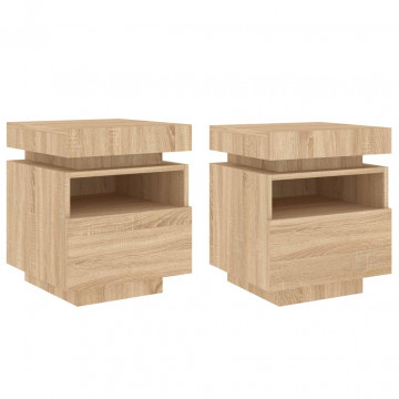 Noptiere cu lumini LED, 2 buc., stejar sonoma, 40x39x48,5 cm - Img 2