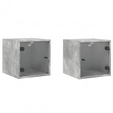 Noptiere cu uși din sticlă, 2 buc., gri beton, 35x37x35 cm - Img 2