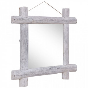 Oglindă cu ramă din bușteni, alb, 70x70 cm, lemn masiv reciclat - Img 2