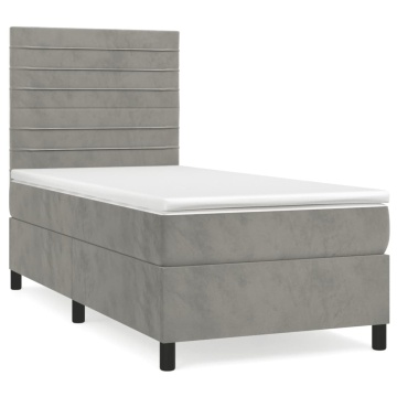 Pat box spring cu saltea, gri deschis, 90x190 cm, catifea - Img 2
