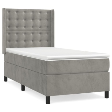 Pat box spring cu saltea, gri deschis, 90x190 cm, catifea - Img 2