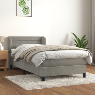 Pat box spring cu saltea, gri deschis, 90x190 cm, catifea - Img 1