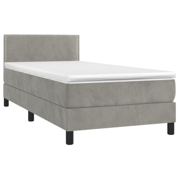 Pat box spring cu saltea, gri deschis, 90x190 cm, catifea - Img 3