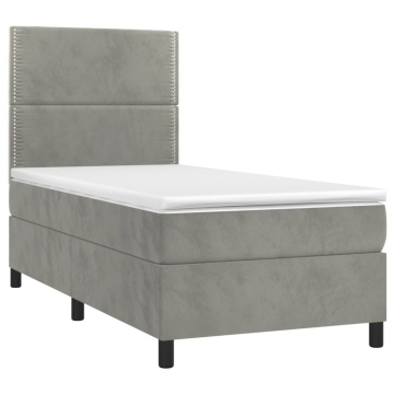 Pat box spring cu saltea, gri deschis, 90x190 cm, catifea - Img 3