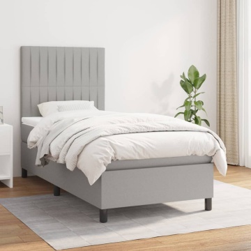 Pat box spring cu saltea, gri deschis, 90x190 cm, textil - Img 1