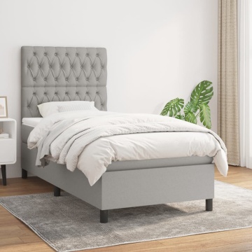 Pat box spring cu saltea, gri deschis, 90x190 cm, textil - Img 1