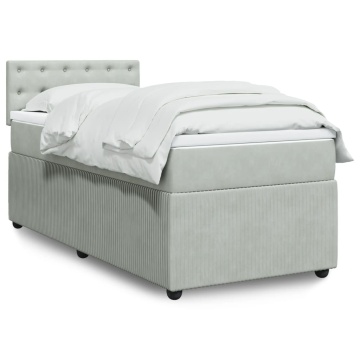 Pat box spring cu saltea, gri deschis, 90x200 cm, catifea - Img 1