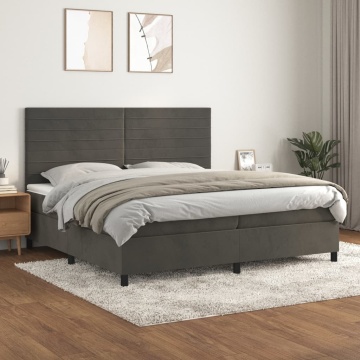 Pat box spring cu saltea, gri închis, 200x200 cm, catifea - Img 1