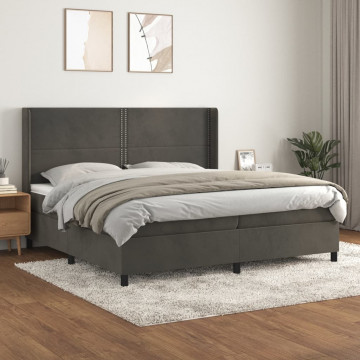 Pat box spring cu saltea, gri închis, 200x200 cm, catifea - Img 1