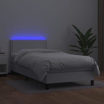 Pat continental cu saltea & LED, alb, 90x200 cm, piele eco - Img 4