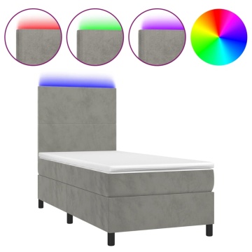 Pat continental cu saltea & LED, gri deschis, 80x200 cm catifea - Img 2