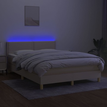 Pat cu arcuri, saltea și LED, crem, 140x200 cm, textil - Img 3