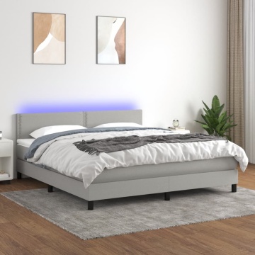 Pat cu arcuri, saltea și LED, gri deschis, 160x200 cm, textil - Img 1