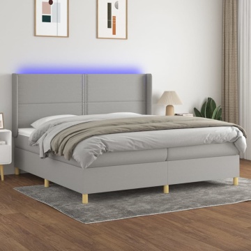 Pat cu arcuri, saltea și LED, gri deschis, 200x200 cm, textil - Img 1