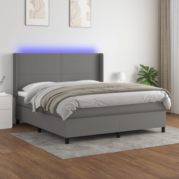 Pat cu arcuri, saltea și LED, gri închis, 180x200 cm, textil - Img 1
