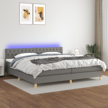 Pat cu arcuri, saltea și LED, gri închis, 200x200 cm, textil - Img 1
