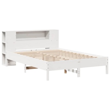 Pat cu bibliotecă fără saltea, alb, 140x190 cm, lemn masiv pin - Img 3