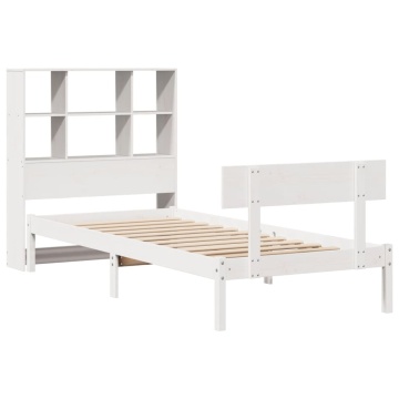 Pat cu bibliotecă fără saltea, alb, 90x190 cm, lemn masiv pin - Img 3