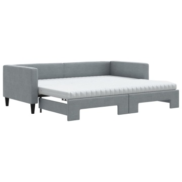Pat de zi cu extensie și saltele, gri deschis 90x200 cm textil - Img 2
