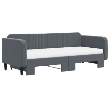 Pat de zi cu extensie și saltele, gri închis 90x200 cm catifea - Img 3