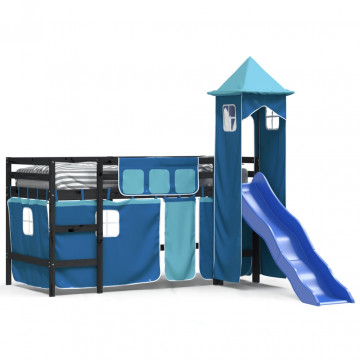 Pat etajat de copii cu turn albastru 80x200 cm lemn masiv pin - Img 2