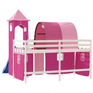 Pat etajat de copii cu turn, roz, 90x190 cm, lemn masiv pin - Img 6