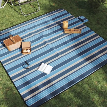 Pătură picnic pliabilă, dungi albastre alb, 200x200 cm catifea - Img 1