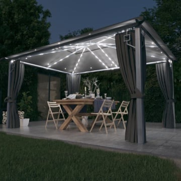 Pavilion cu perdele & șiruri lumini LED antracit 4x3m aluminiu - Img 1