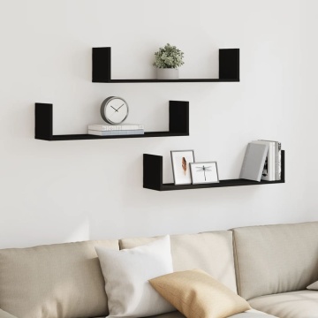 Rafturi de perete, 3 buc., negru, 80x18x18 cm, lemn prelucrat - Img 1