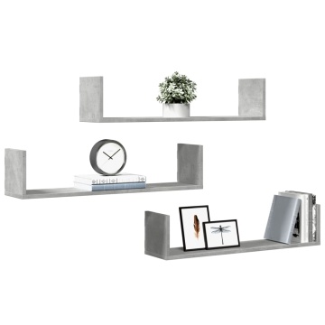 Rafturi perete, 3 buc., gri beton, 80x18x18 cm, lemn prelucrat - Img 3