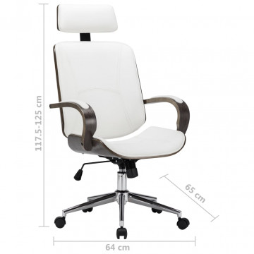 Scaun de birou rotativ, alb, piele ecologică și lemn curbat - Img 5