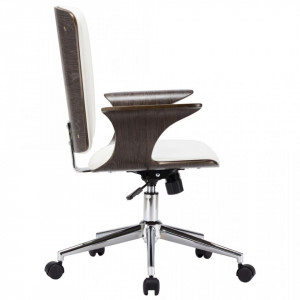 Scaun de birou rotativ, alb, piele ecologică și lemn curbat - Img 3