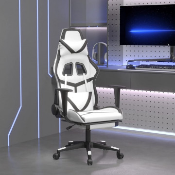 Scaun de gaming cu suport picioare, alb/negru, piele ecologică - Img 1