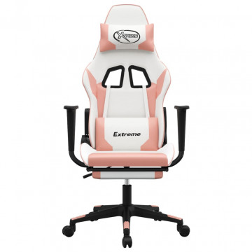 Scaun de gaming cu suport picioare, alb/roz, piele ecologică - Img 3