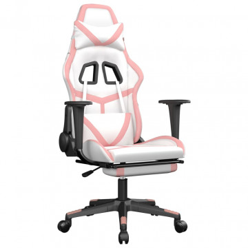 Scaun de gaming cu suport picioare, alb/roz, piele ecologică - Img 2