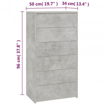 Servantă cu 6 sertare, gri beton, 50x34x96 cm, PAL - Img 5